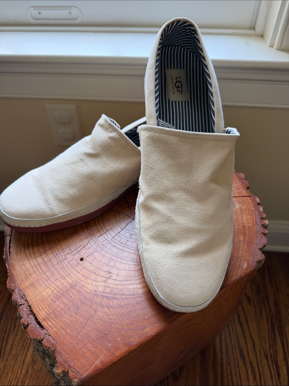 UGG Men’s Slip-On Canvas Loafers in Cream and Brown Sole